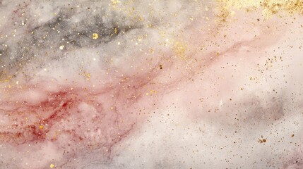 Fototapeta premium Dusty blush pink watercolor effect with golden dots; elegant, abstract background with marble texture and fine, sparkling details