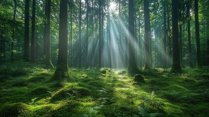 Fototapeta premium Sunlit Green Forest with Dense Foliage – A Calm, Peaceful Woodland Scene with Tall Trees and Mossy Forest Floor, Ideal for Nature, Tranquility, and Serenity-Themed Projects and Designs