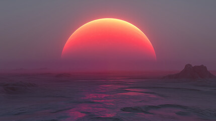 Dramatic sunset over purple ocean landscape, ethereal atmosphere
