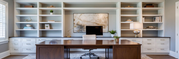 Home office with built-in shelves modern decor and a large workspace