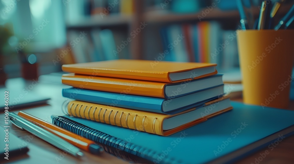 Poster vibrant and organized desk setup featuring an arrangement of colorful educational tools including no