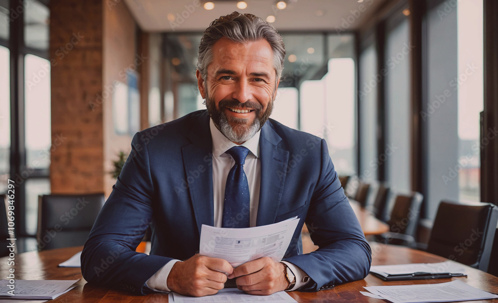 Poster man in a suit is sitting at a table with papers in his hands