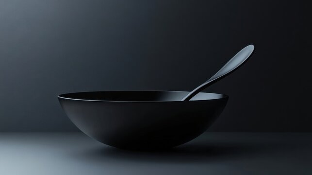 Empty black bowl with a tablespoon in low-key lighting; minimalist concept with dark tones and open space for text