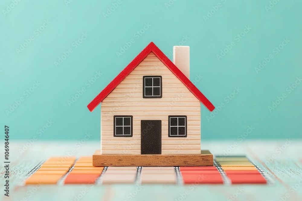 Poster artistic view of a house model on a graph with labels for credit score, amortization, and principal 