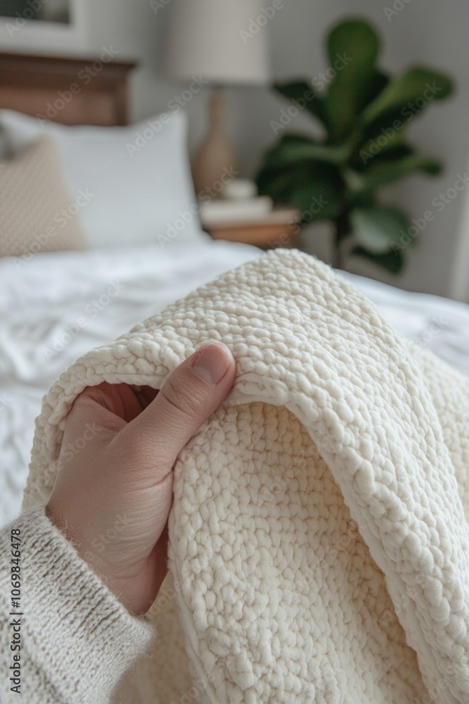 Poster a person gently holds a textured white weighted blanket, creating a warm and inviting atmosphere in 