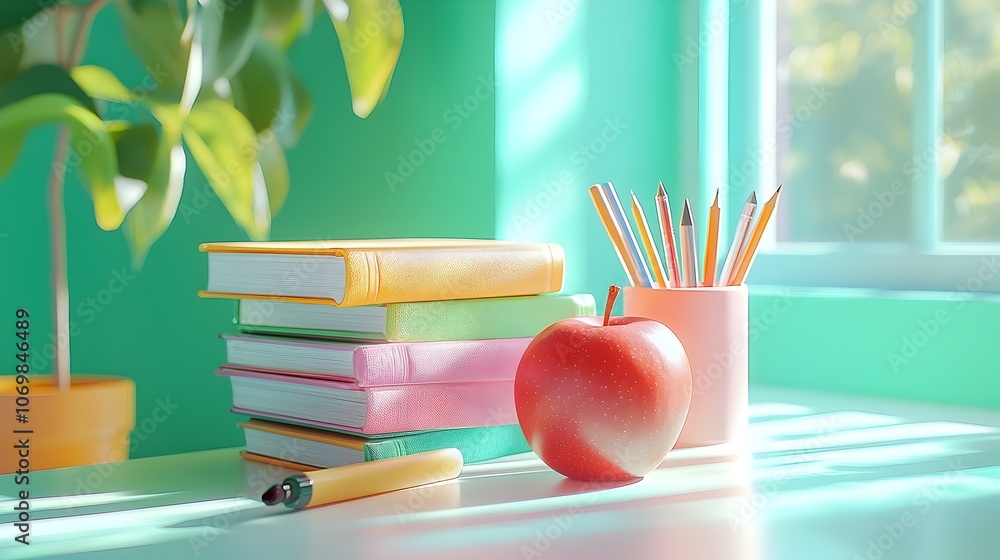Poster vibrant and organized workspace scene featuring a pile of colorful books a shiny red apple and an as