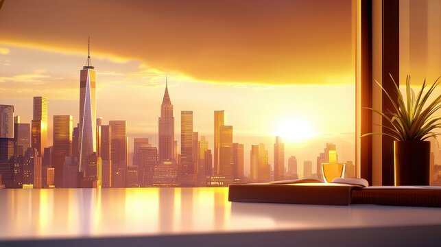 Fototapeta New York City skyline seen from rooftop, sun setting and casting a golden glow on skyscrapers.