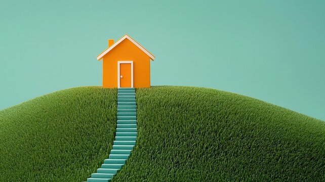 Artistic view of a pathway to a house marked with  Amortization Period  and  Credit Review