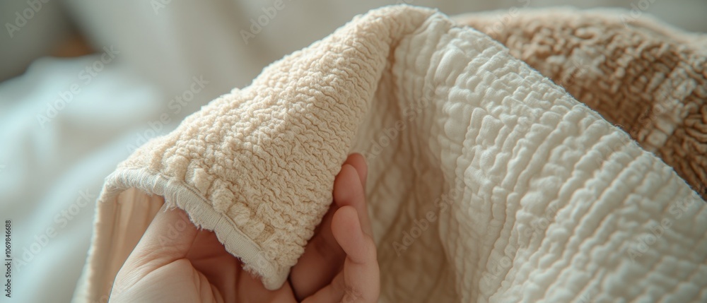 Poster a hand gently holds a soft weighted blanket, revealing its plush texture and inviting warmth in a co