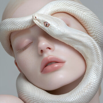 portrait on the face of the white-skinned woman, there was a white-skinned snake crawling on her face.