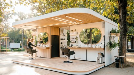 Portable pop-up salon with a casual vibe and professional stylists, clients enjoying unique hair services outdoors
