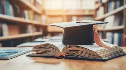 The intersection of technology and education with a computer open book and graduation cap