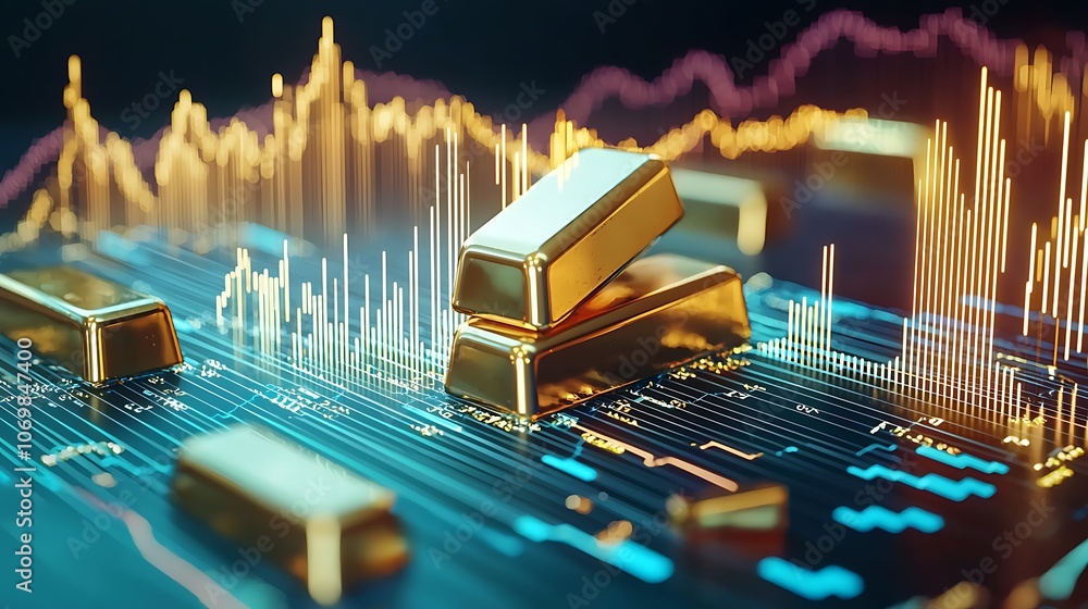 Poster a computer screen shows a graph of gold prices and a stack of gold bars
