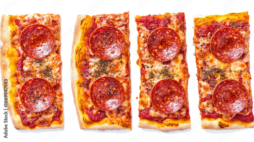 Poster slices of pepperoni pizza arranged on a clear background generative ai