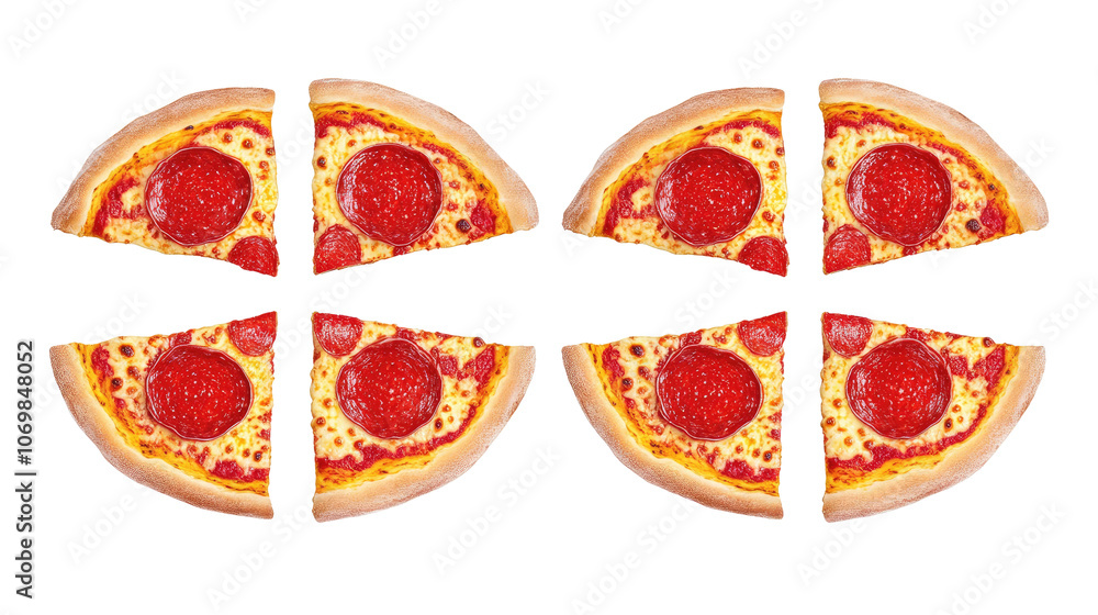 Poster slices of pepperoni pizza arranged on a transparent background generative ai