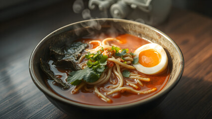 Noodles with steam and smoke in bowl on wooden background, selective focus.