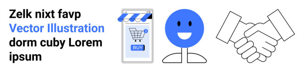 Fototapeta premium E-commerce shopping cart on smartphone, blue happy face, handshake. Ideal for online shopping, digital marketing, customer service, e-commerce growth, partnerships, mobile apps, website design