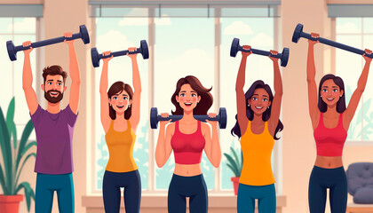 Group of diverse adults lifting weights in fitness class.Group fitness class. Fitness bootcamp .Group fitness instructor.  Healthy lifestyle change.Weight loss motivation.