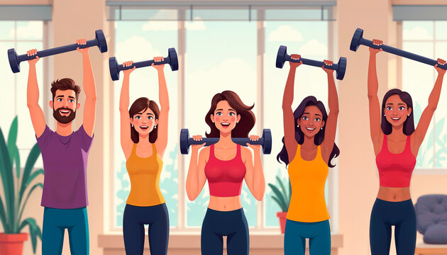 Group of diverse adults lifting weights in fitness class.Group fitness class. Fitness bootcamp .Group fitness instructor.  Healthy lifestyle change.Weight loss motivation.