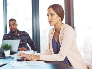 Tablet, thinking and woman in strategy meeting for creative business planning with office diversity. Opportunity, ideas and businesswoman in conference room with design team, paperwork or digital app