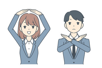 OKサインを出すビジネスウーマン、拒否のサインを出すビジネスマン