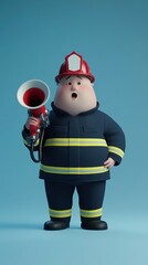  A Creative 3D Rendering of a Charming Cartoon Firefighter Character Holding a Megaphone, Standing Against a Light Blue Background, Showcasing Advanced Composition, Depth of Field, and Ambient Lightin