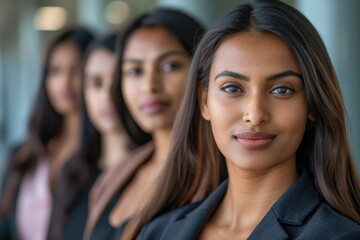 Confident multi ethnic women office workers stand in row.