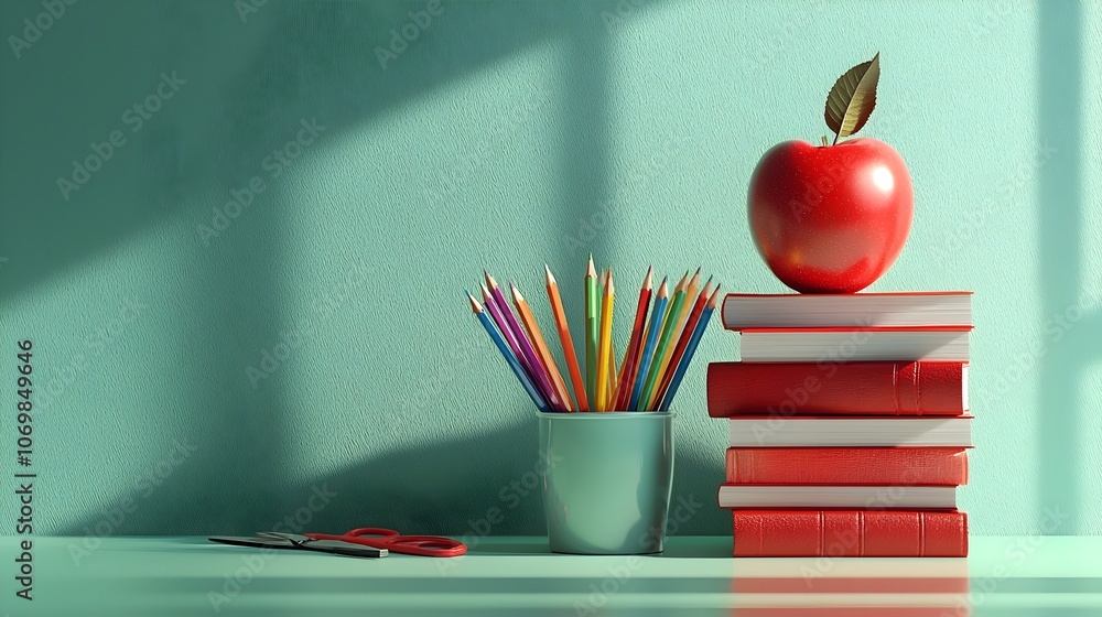 Poster Vibrant stack of colorful books in red tones with a shiny apple on top positioned next to a cup filled with an assortment of multicolored pencils and scissors