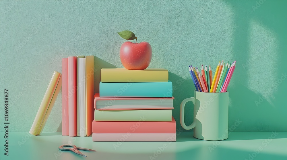Poster vibrant stack of books in various hues complemented by a fresh apple colored pencils and scissors cr