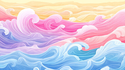 Fototapeta premium Colorful waves painted with pastel hues under a soft sunset sky