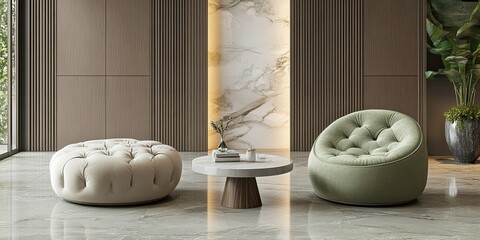 light green and cream wooden pouffe chair with buttons and elegant table in modern living room with elegant pvc wall panels and marble floor 