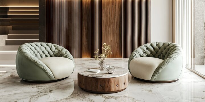 light green and cream wooden pouffe chair with buttons and elegant table in modern living room with elegant pvc wall panels and marble floor 
