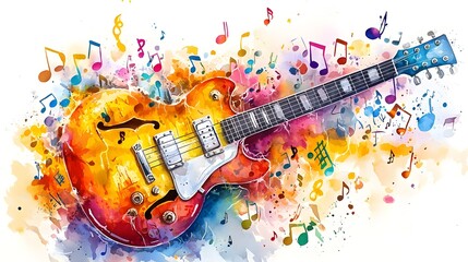 Vibrant watercolor painting depicting a guitar surrounded by colorful musical notes and abstract patterns capturing the joy and energy of music through an and creative composition
