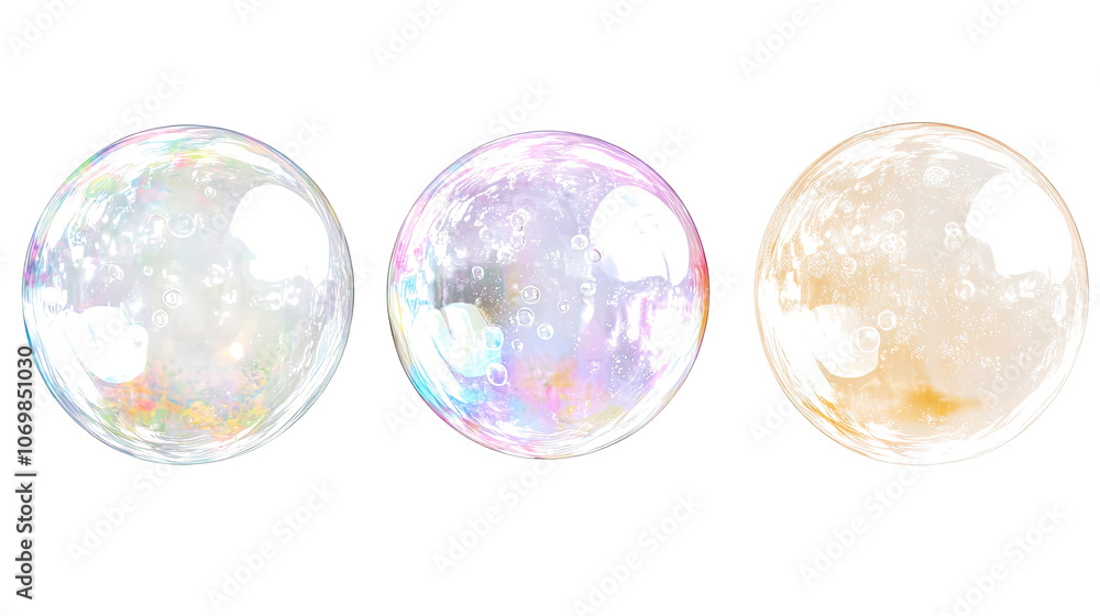 Poster soap bubbles of various sizes display iridescent colors as they float generative ai