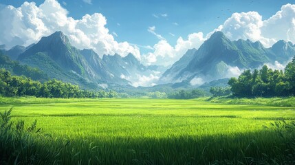 Obraz premium Vibrant Rice Paddy Field with Mountain Backdrop