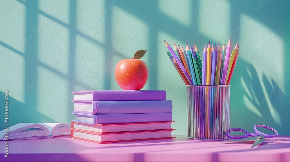 Poster visually appealing stationery setup featuring a stack of purple books with an apple on top surrounde