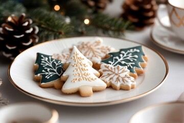 Christmas sugar cookies decorated with royal icing on elegant plate