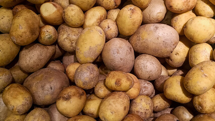 A pile of potatoes with some of them being brown. The potatoes are all different sizes and shapes.