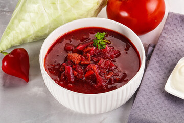 Borsch soup with cabbage and beetroot