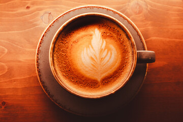 Top-Down View of a Latte with Beautiful Latte Art. A nice coffee made by the barista.