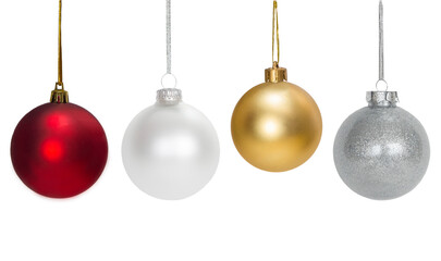 Set of Glass balls, red, white, gold, silver color metallic with shadow on isolated white background. Glass balls, decoration for holiday