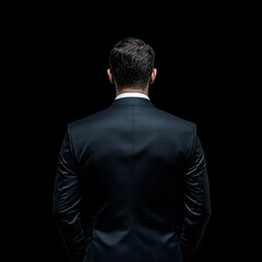 Businessman views chart on black background.