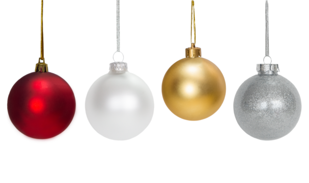 Set of Glass balls, red, white, gold, silver color metallic with shadow on isolated white background. Glass balls, decoration for holiday