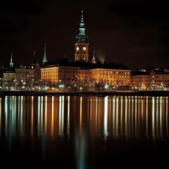 Fototapeta premium City Hall with waterfront night lights. Stockholm.