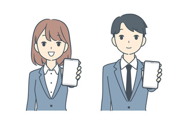 スマートフォンを前に突き出して見せるビジネスパーソンたち