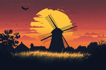 Silhouette of a Windmill at Sunset with Birds Flying