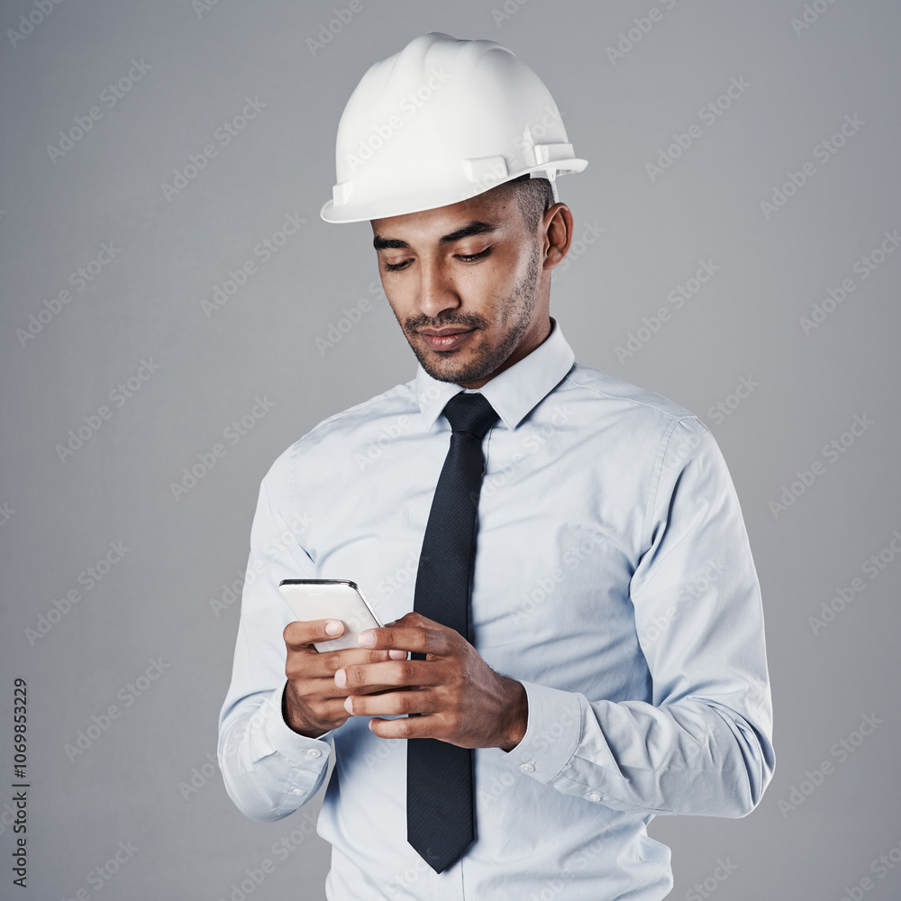 Poster architect, helmet and phone in studio for communication, construction and renovation progress update