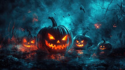 Naklejka premium Spooky Halloween Jack-o'-Lanterns in a Dark Swamp – Eerie Glowing Pumpkins with Sinister Faces and Creepy Lighting, Perfect for Halloween, Horror, and Spooky-Themed Designs, Illustrations