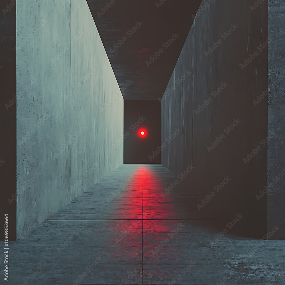 Poster surreal scene featuring long, empty corridor with gray walls and glowing red light at end, creating 