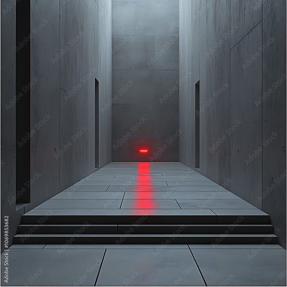 Poster minimalist corridor with gray concrete walls and glowing red light at end creates sense of depth and